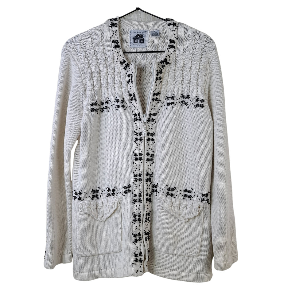 Storybook Knits White Black Beads Zip Cardigan Small